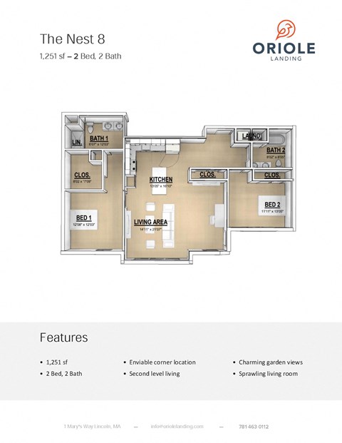 2 bedroom 2 bathroom floor plan G at Oriole Landing, Lincoln, MA